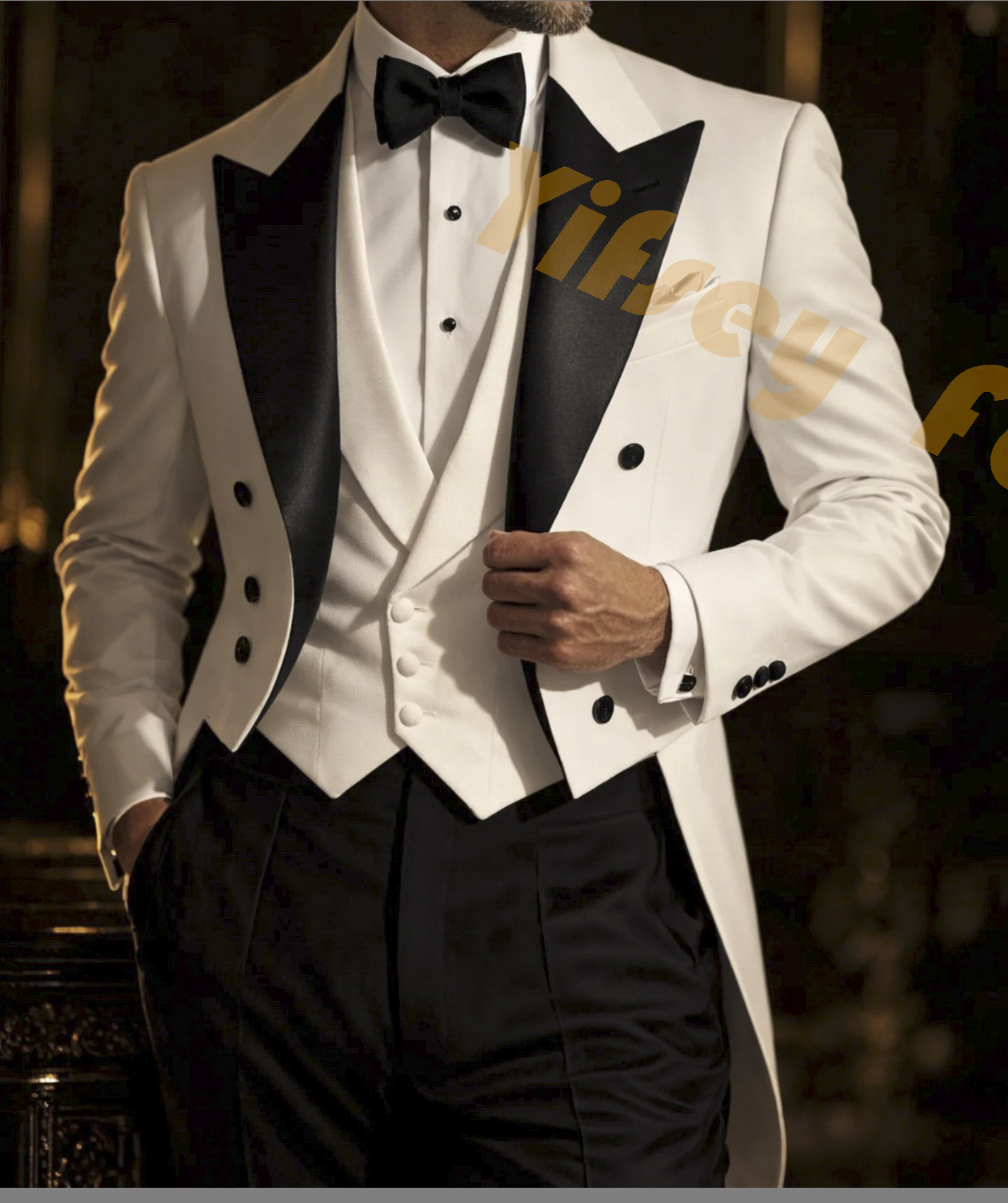 Men Grooming Outfit - Мужской костюм-тройка: белый фрак, черные брюки,