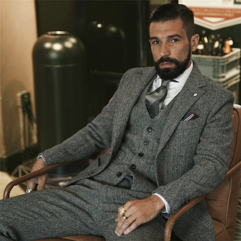 Men Grooming Outfit - Мужской твидовый костюм в елочку, серый